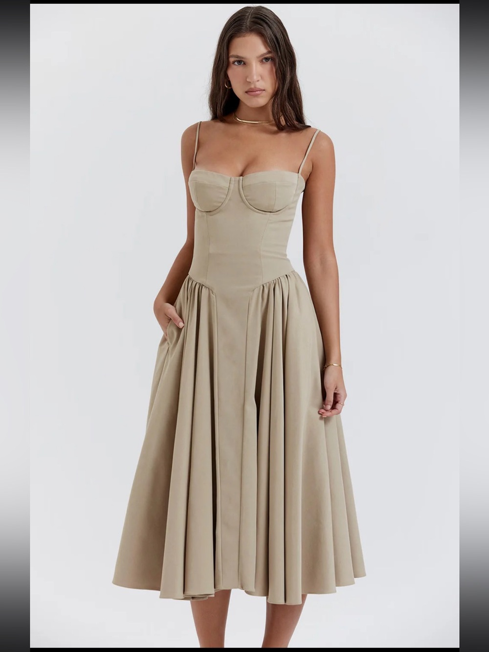 KT Women’s Corset Midi Dress Spaghetti Strap Bustier Flowy Pleated Hem